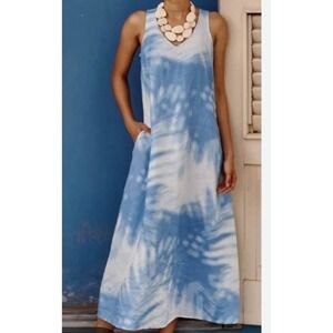 J. Jill Womens Blue Linen Tie Dye Maxi Dress 2X Sleeveless Pockets Coastal Boho